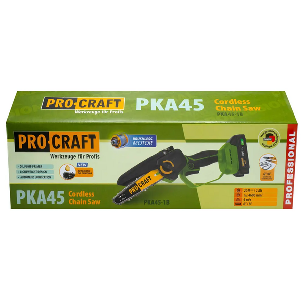 Аккумуляторная мини пила Procraft PKA45 2 акб 20в 2Ач 2 шины 2 цепи 15 и 20см Автоматическая смазка цепи PKA45_2Akb фото