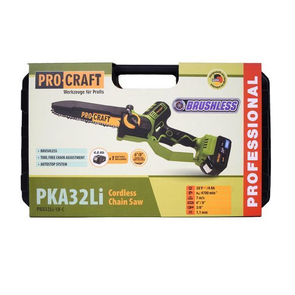 Аккумуляторная цепная пила Procraft PKA32Li 2 АКБ 2 шины (15/20 см) и 2 цепи Автоматическая смазка цепи PKA32Li_2akb_oliva200ml фото